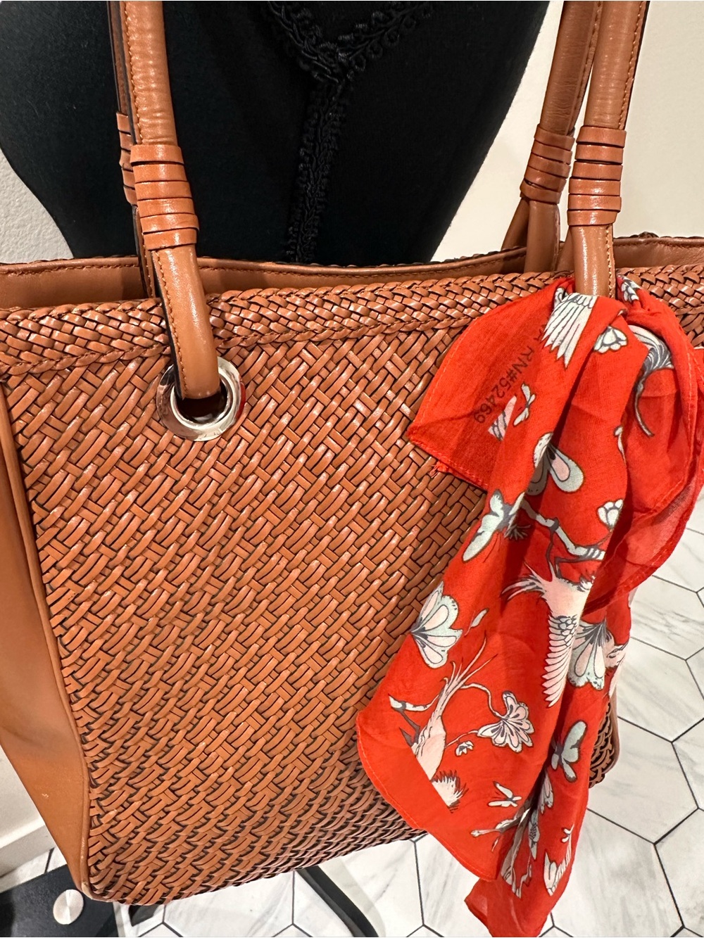Talbots Woven Leather Tote Bag with Floral Scarf - Cognac - Picture 2 of 5